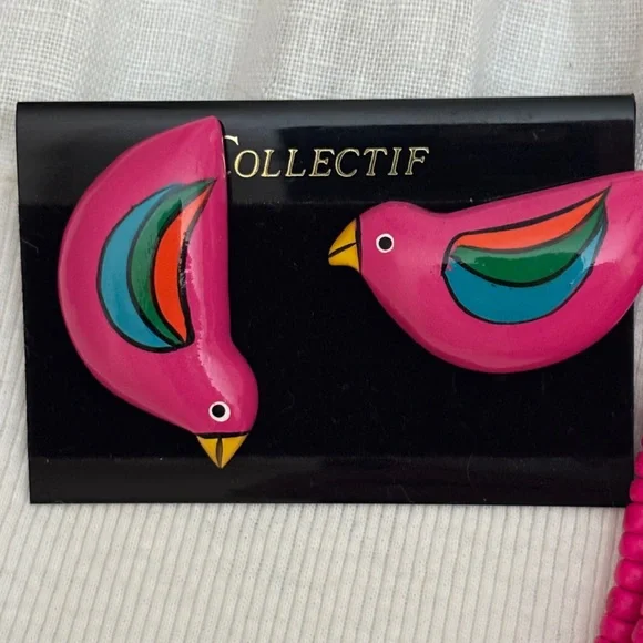 Collectif Vintage 1980s Pink Parrot Beaded Necklace and Earrings Women’s OS New - Picture 6 of 10